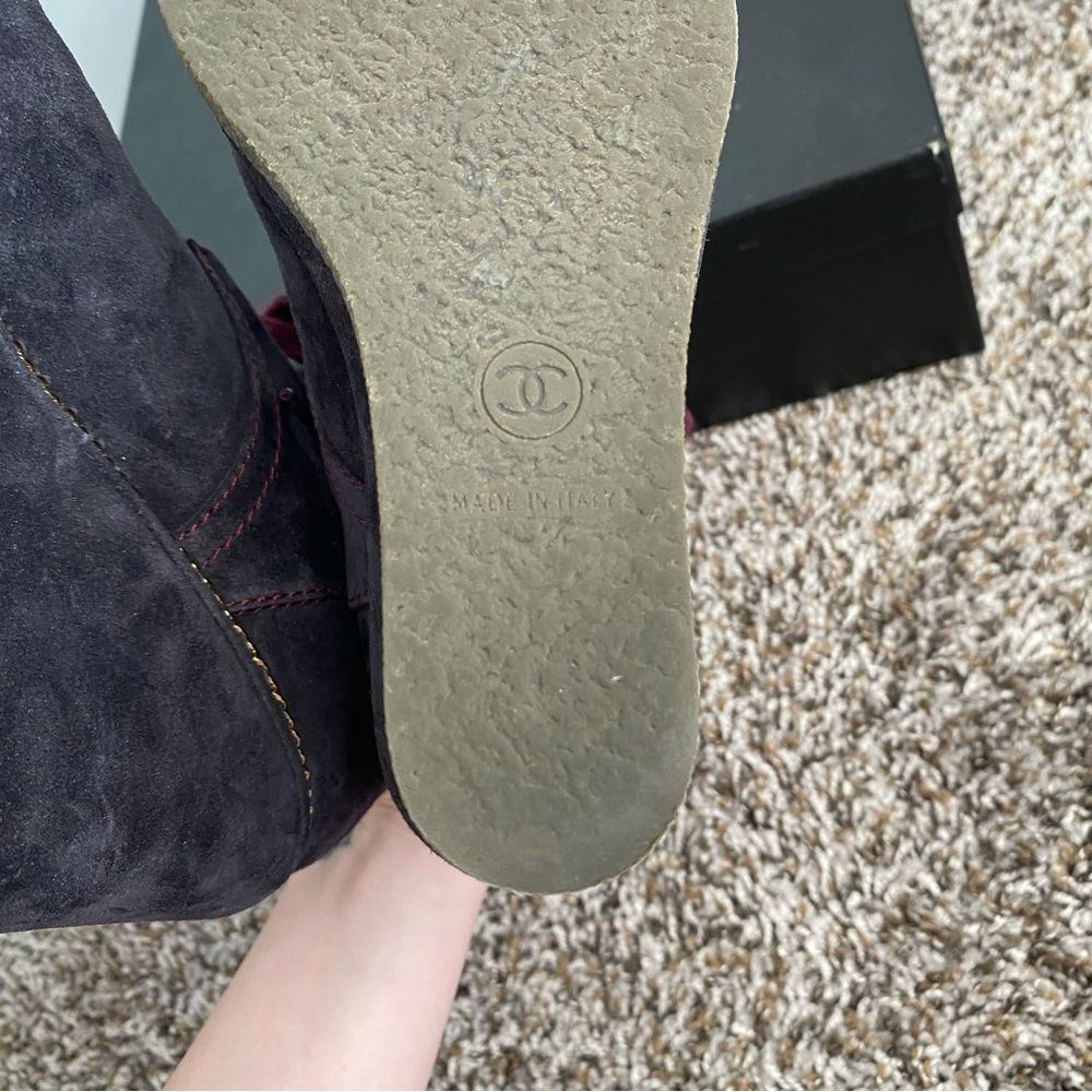 Chanel Lace Up Suede Calfskin Chain Wedge Booties - Picture 10 of 14